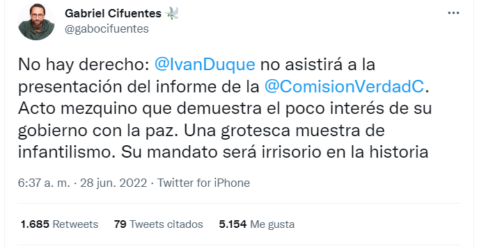 Gabriel Cifuentes, analista político, rechazó la inasistencia de Iván Duque a la entrega del informe final de la Comisión de la Verdad
FOTO: vía Twitter (@gabocifuentes)