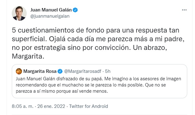 Esta es la respuesta de Juan Manuel Galán a Margarita Rosa de Francisco. Foto: Twitter