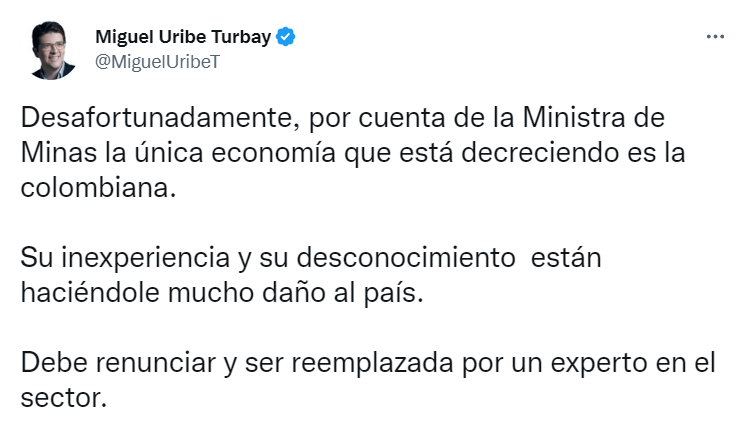 Miguel Uribe pide renuncia de Irene Vélez
