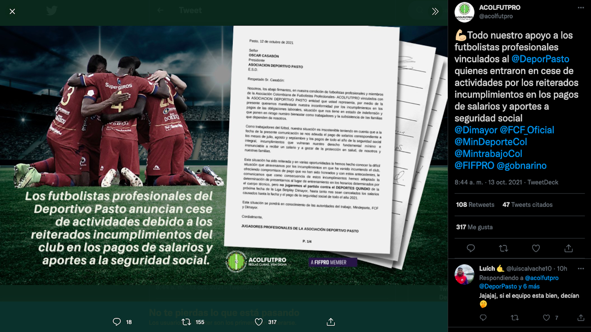 Acolfutpro respaldó a los futbolistas de Deportivo Pasto que se rehúsan a jugar ante el adeudamiento de salarios y pagos de seguridad social / (Twitter: @acolfutpro)