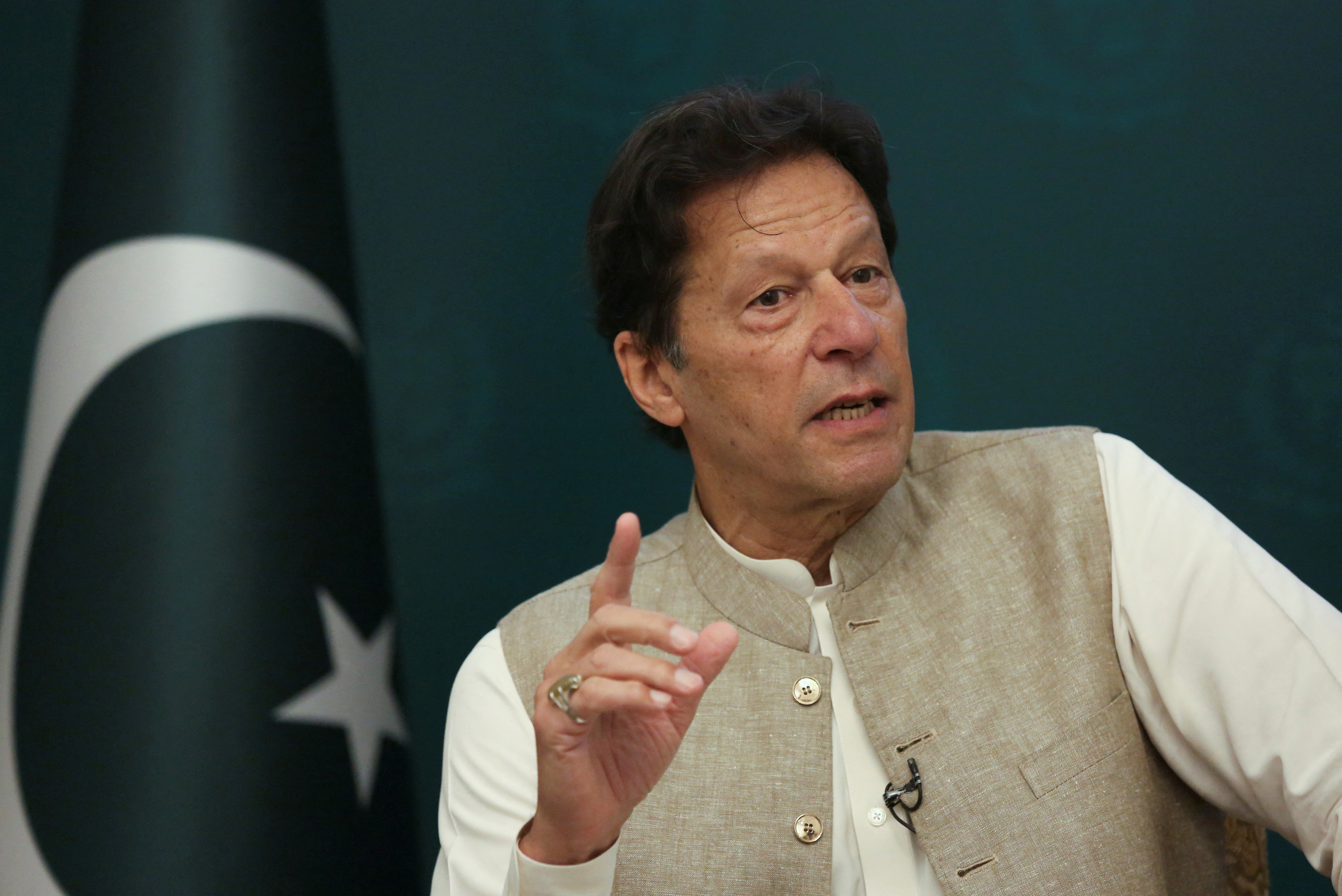 FILE PHOTO: Pakistan's Prime Minister Imran Khan speaks during an interview with Reuters in Islamabad,