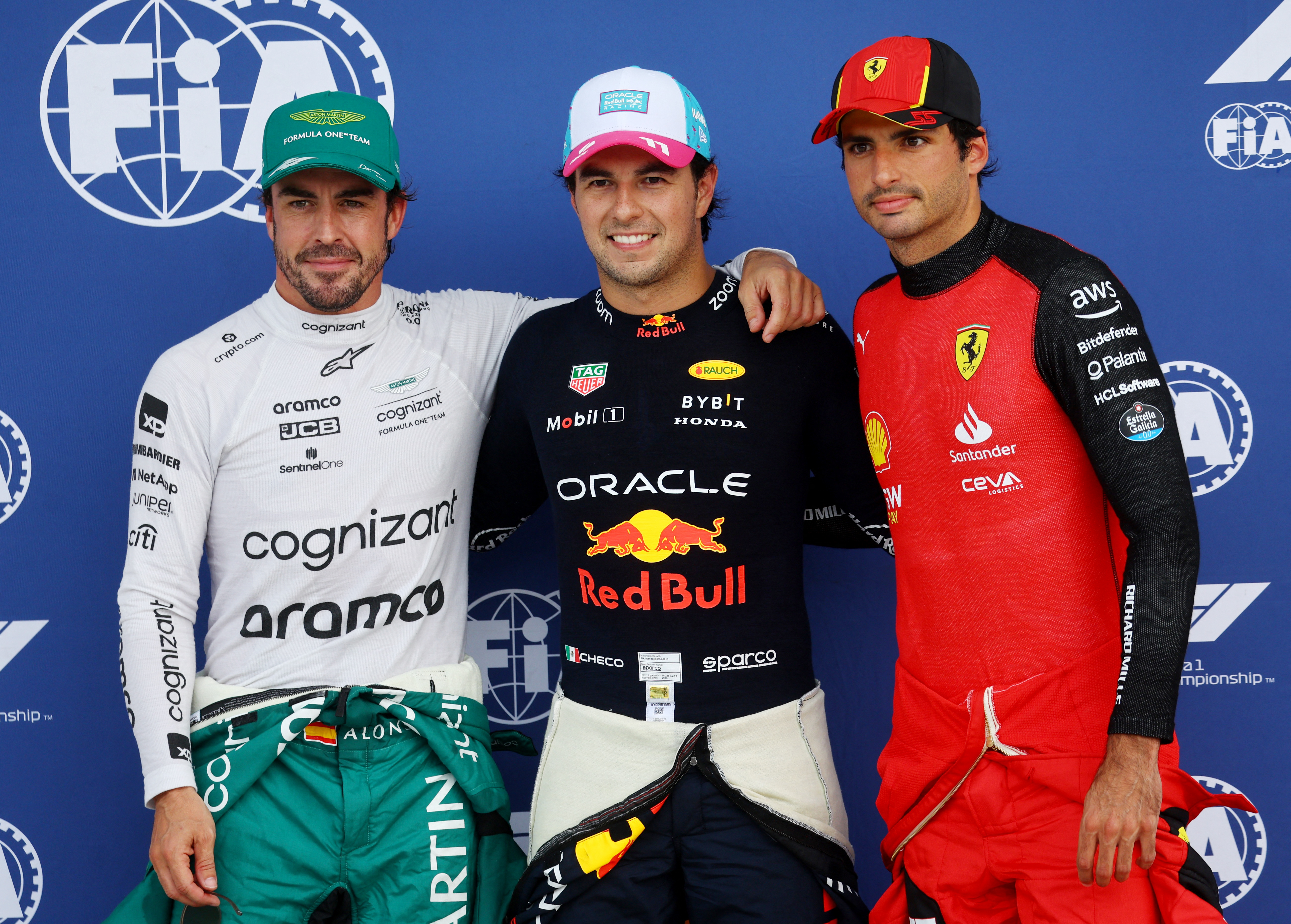 Alonso, Checo Pérez y Sainz tras la clasificación del GP de Miami (REUTERS/Mike Segar)