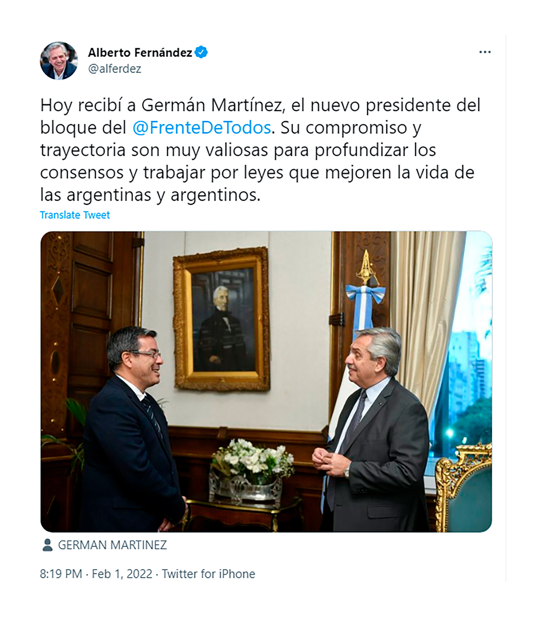 El posteo del Presidente de la Nación al hacer oficial a Martínez como titular del bloque del FdT en la Cámara baja