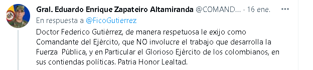 General Zapateiro responde Federico Gutiérrez