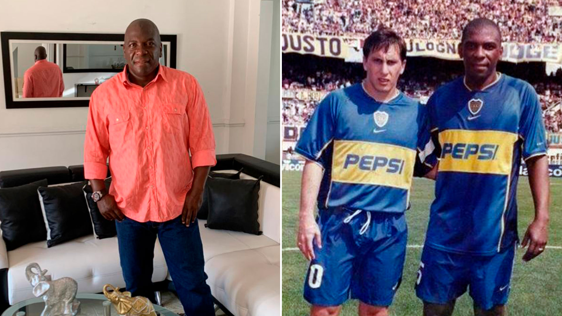 Dinas en la actualidad y con la camiseta de Boca, junto a Cristian Giménez