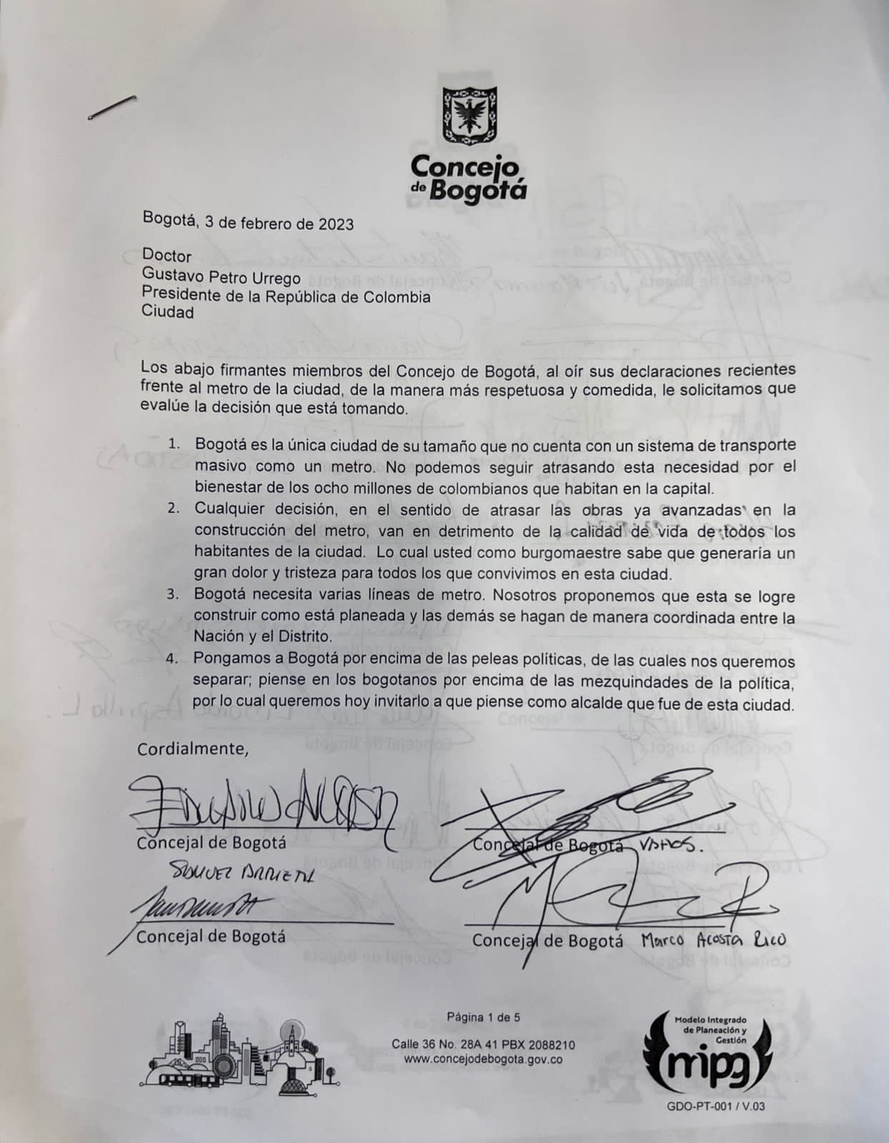 La carta que compartió Diana Diago también fue firmada por los concejales Marco Acosta de Colombia Justa Libres, Marisol Gómez del Nuevo Liberalismo, Rolando González de Cambio Radical y Humberto Amín del Centro Democrático, entre otros. 