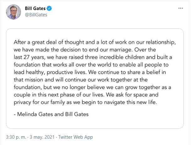 Bill Gates anunció su divorcio en redes sociales (Foto: Twitter/@BillGates)