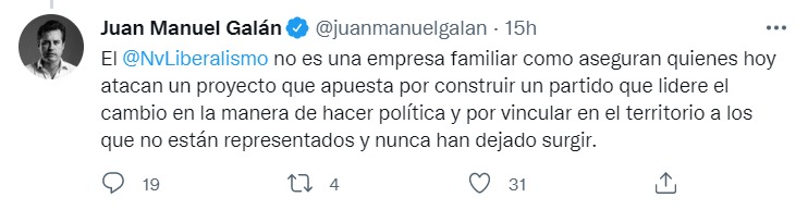 Trino de Juan Manuel Galán respecto a los señalamientos de Carlos Negret en su renuncia. FOTO :Twitter.