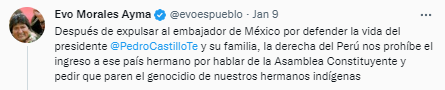 Tuit de Evo Morales.