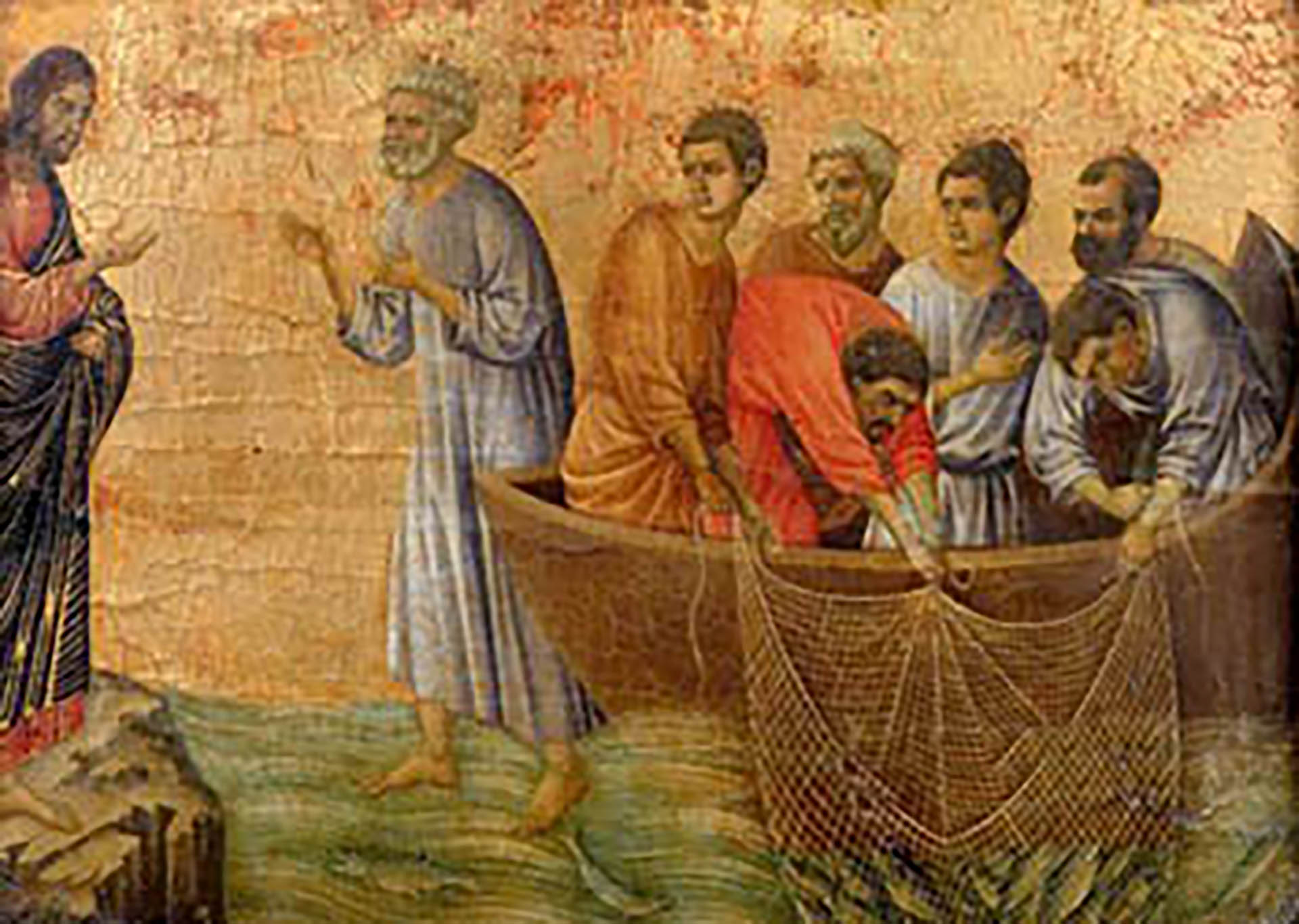 "La pesca milagrosa", de Duccio. Representa la cuarta aparición de Cristo resucitado a sus apóstoles, según cuenta el evangelio de Juan