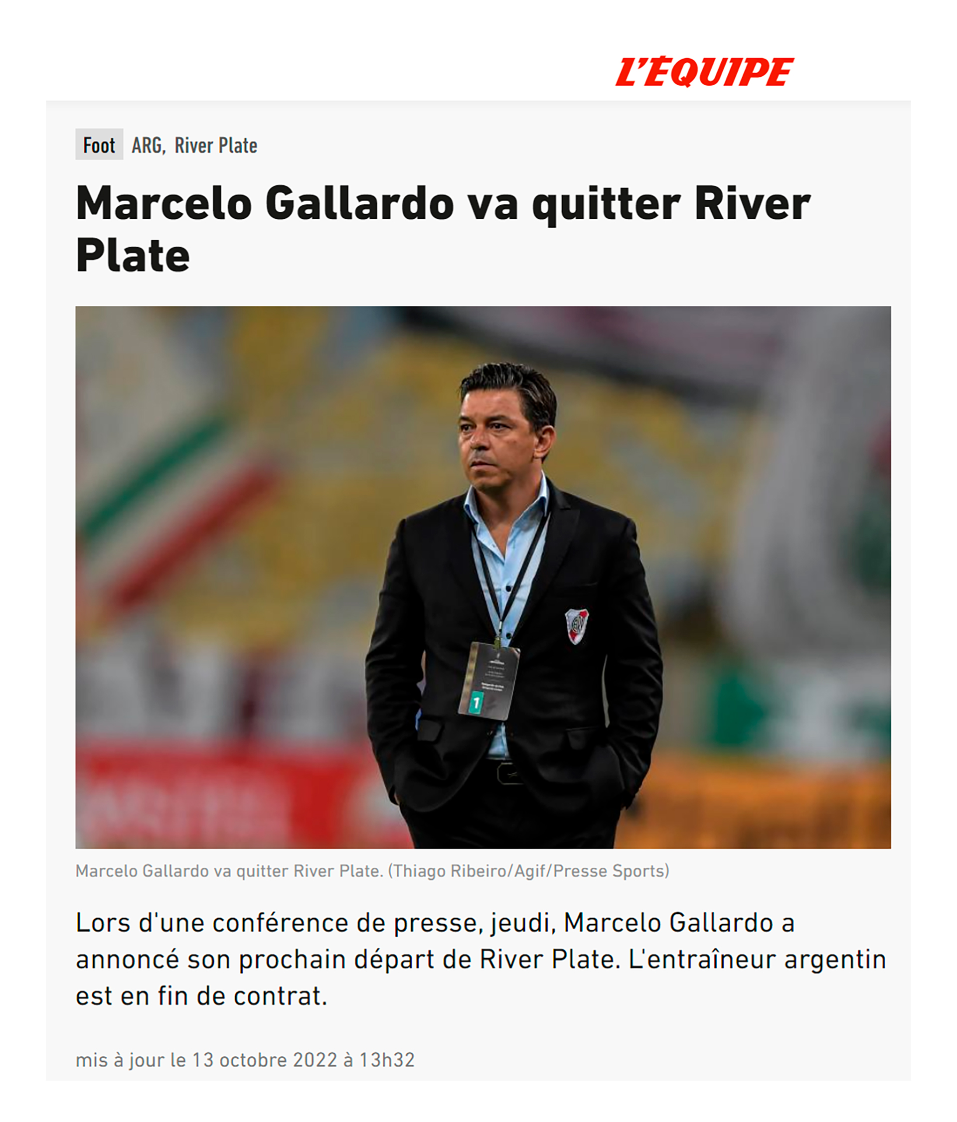 L'Equipe, de Francia, y la nota sobre el anuncio de Marcelo Gallardo