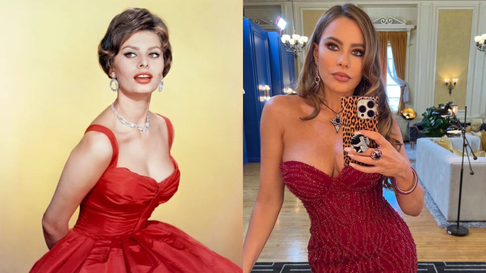 Sofía Vergara y Shophia Loren en vestido rojo tienen características similares en sus rasgos faciales (Fotos: Instagram/@sofiavergara/Foto especial)