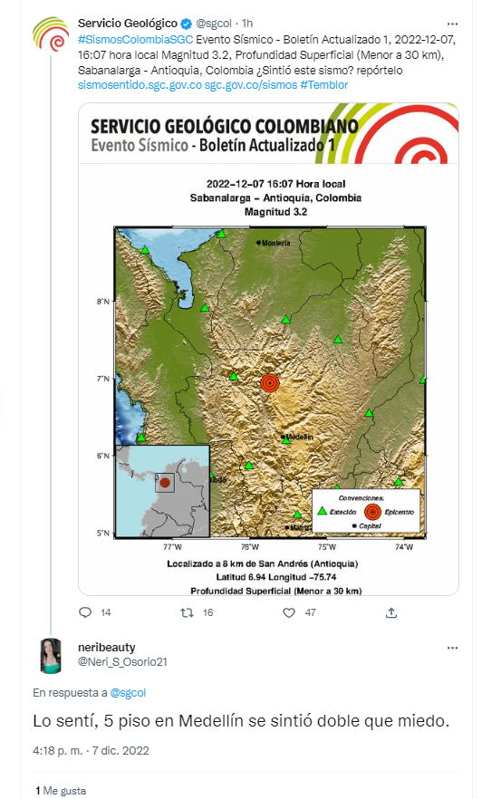 De acuerdo con el Servicio Geológico Colombiano, el temblor fue de 3.2 grados. 
Vía Twitter (@sgcol)