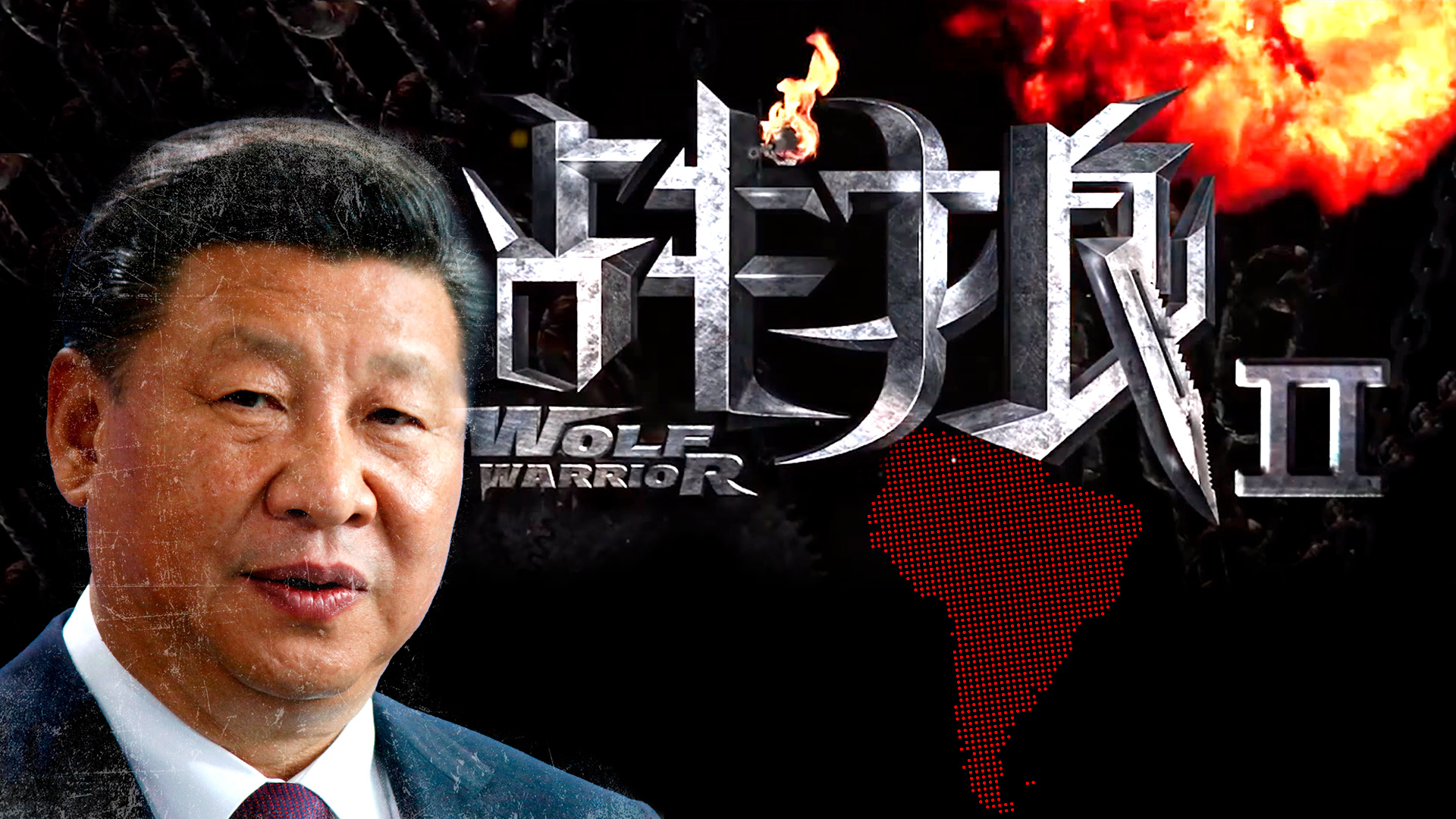 Xi Jinping, presidente de China. Detrás, el póster promocional de la película "Wolf Warrior 2", un film del estilo "Rambo" que promociona la fortaleza del país (Infobae)