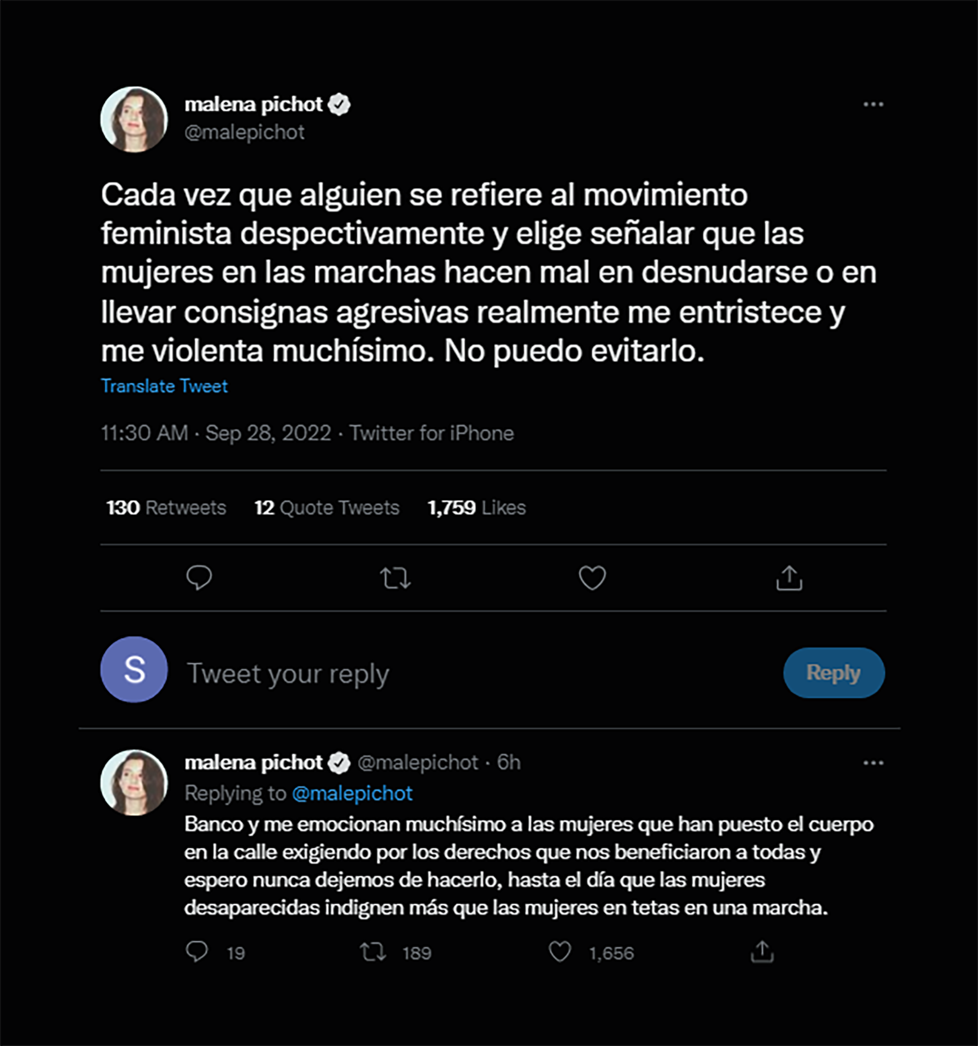 Las opiniones de Malena Pichot sobre el feminismo después de su cruce con Mónica Farro (Fotos: Twitter)