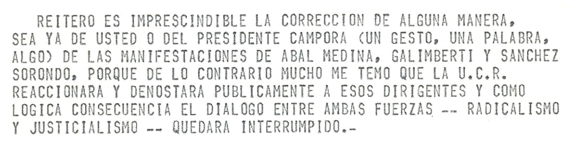 Mensaje de télex: llamado de atención a Perón sobre las declaraciones de Galimberti y otros.