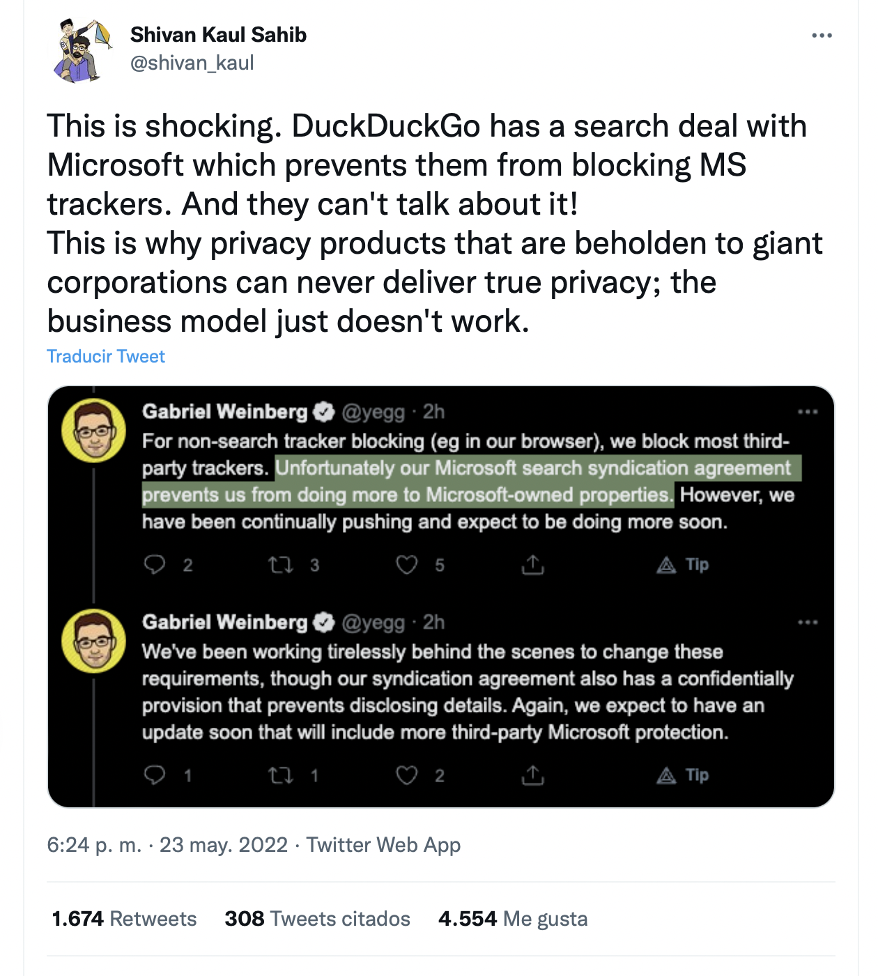 El CEO de DuckDuckGo responde ante el tweet de Shivan Kaul Sahib. (foto: Twitter/Gabriel Weinberg)