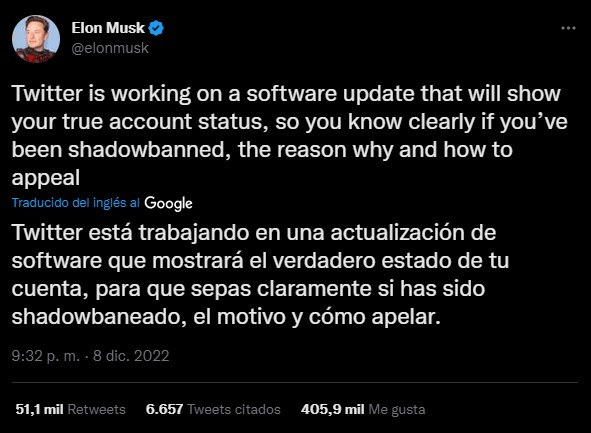 Elon Musk anuncia cambios en el sistema de Twitter para notificar a los usuarios en caso de que sean afectados por un shadowban. (Captura)