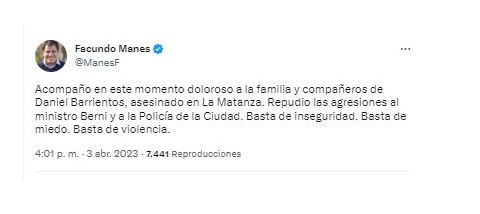 Facundo Manes se solidarizó con los familiares del chofer asesinado al tiempo que repudió la agresión al ministro Berni