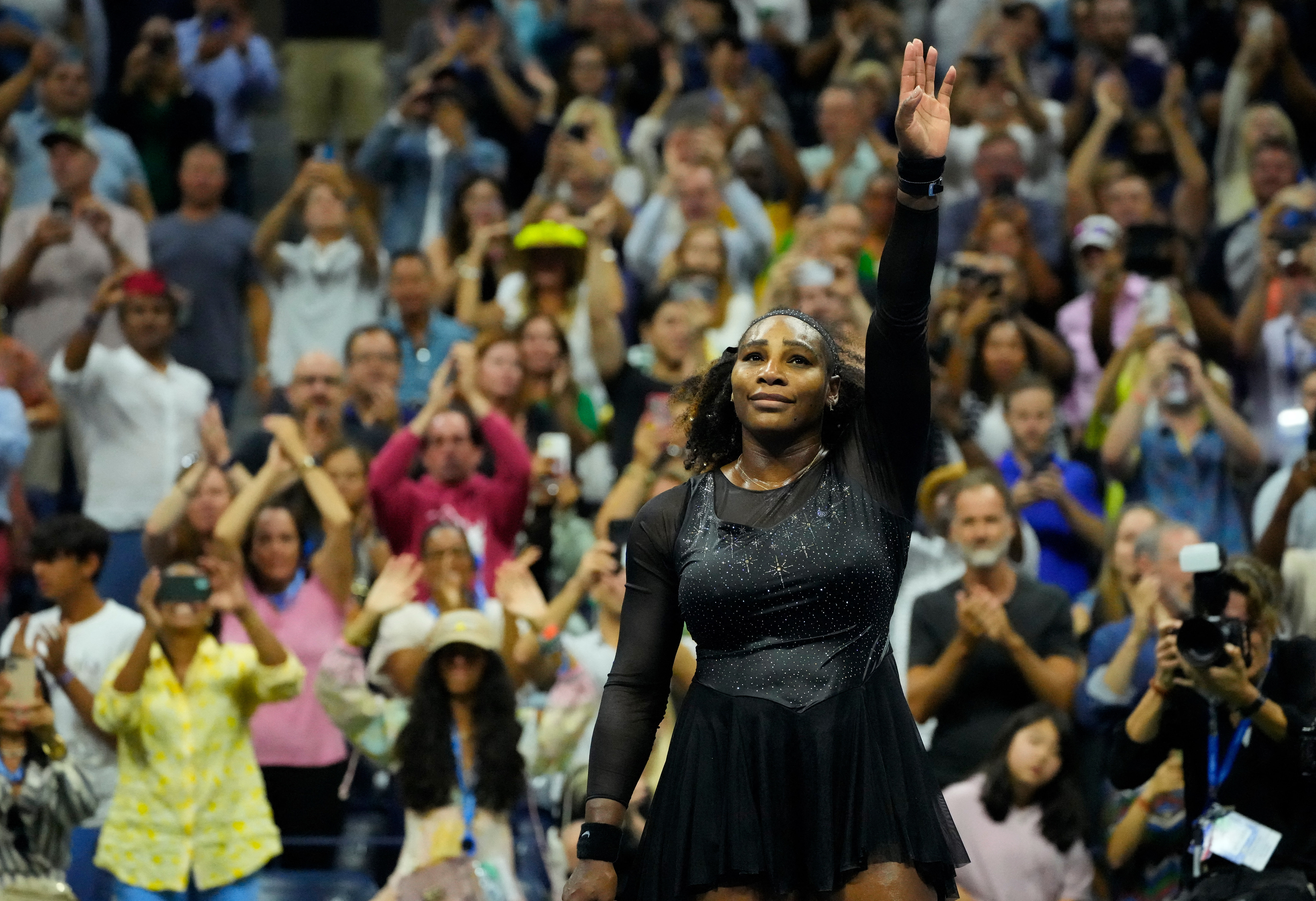 Sept 2, 2022; Flushing, NY, USA; Serena Williams of the USA waves to the crowd after losing to Ajla Tomljanovic of Australia on day five of the 2022 U.S. Open tennis tournament at USTA Billie Jean King National Tennis Center. Mandatory Credit: Robert Deutsch-USA TODAY Sports