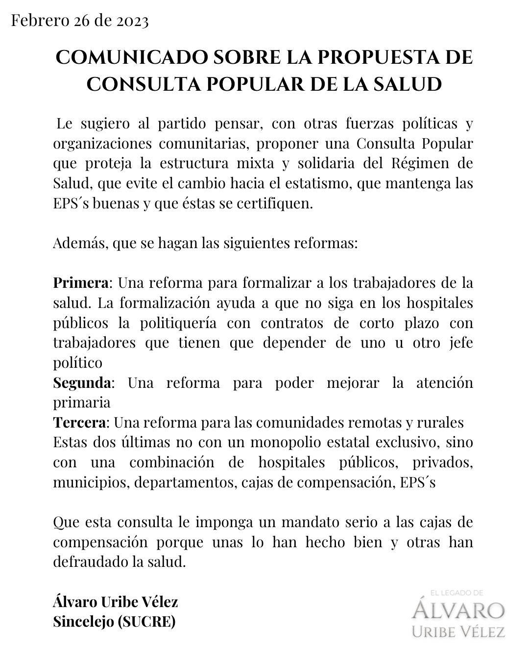 Comunicado sobre la propuesta de una consulta popular sobre la reforma a la salud. (Twitter/@AlvaroUribeVel)