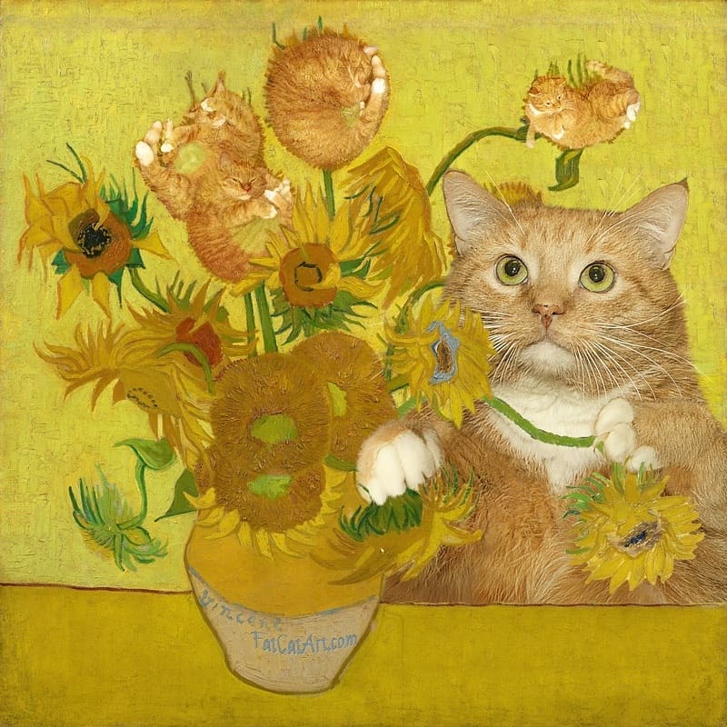Como parte de las celerbaciones del Día Internacional del Gato, este felino fue integrado por su deuña en la obra 'Sunflowers' de Vincent van Gogh (Instagram Fat Cat Art)
