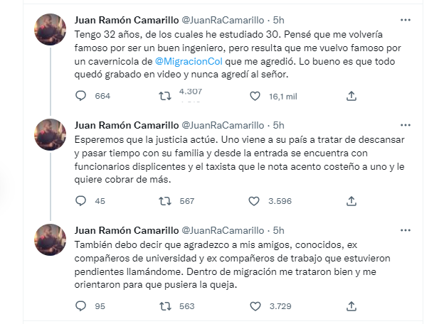 Juan Ramón Camarillo, ciudadano que fue agredido por un funcionario de Migración Colombia, habló sobre lo sucedido en su cuenta de Twitter.
FOTO: (@JuanRaCamarillo)