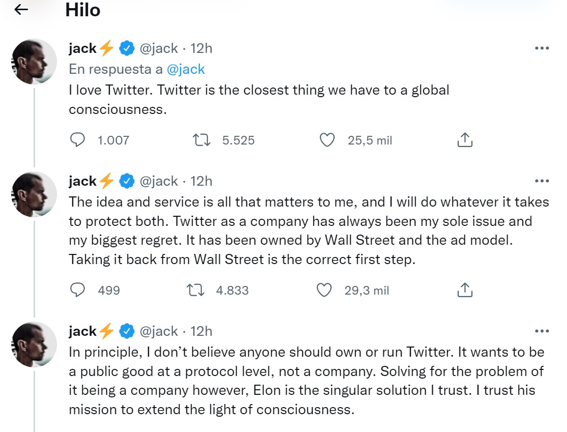Parte del hilo de Twitter en el cual Dorsey mostró su apoyo a Musk