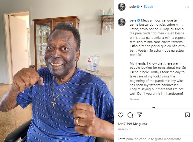 Publicación en la cuenta de Instagram de Pelé sobre su estado de salud. (Captura)