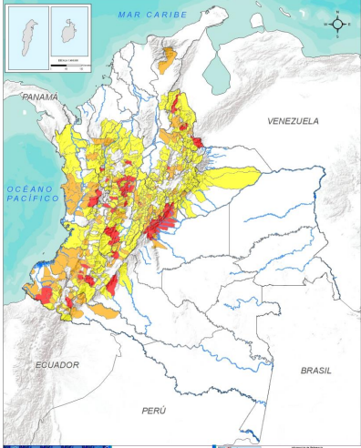 Mapa riesgo de deslizamientos Colombia para el 14 y 15 de enero. Ideam.