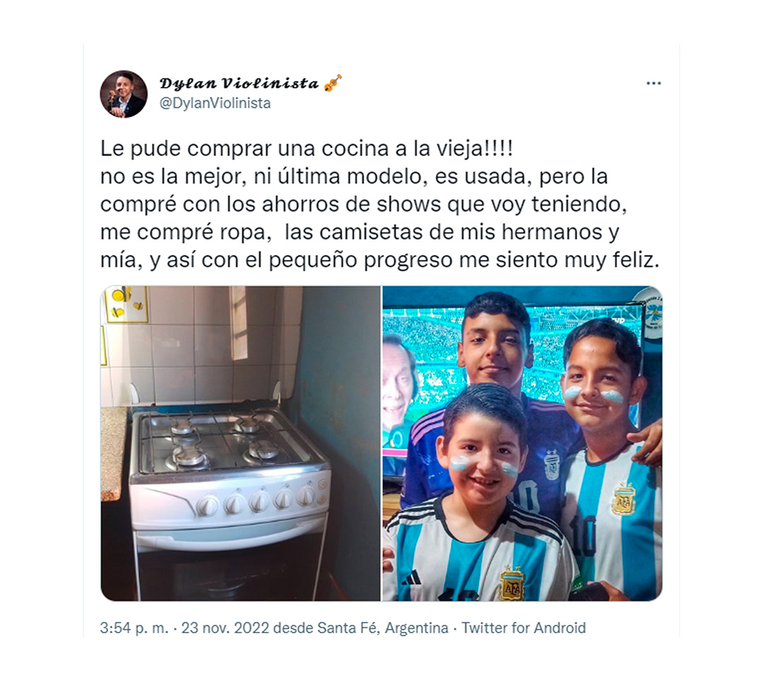 El tuit que se viralizó: Dylan Villanueva contó que gracias a las personas que lo contrataron en noviembre, pudo comprar una cocina para su casa y las camisetas de Argentina para sus hermanos (Twitter: @dylanviolinista)
