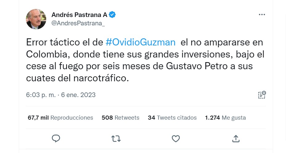 Pastrana asegura que el cese al fuego de Gustavo Petro beneficia a los “cuates del narcotráfico”. Foto: Twitter.