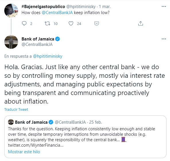La respuesta de la cuenta de Twitter del Banco de Jamaica a un usuario argentino.