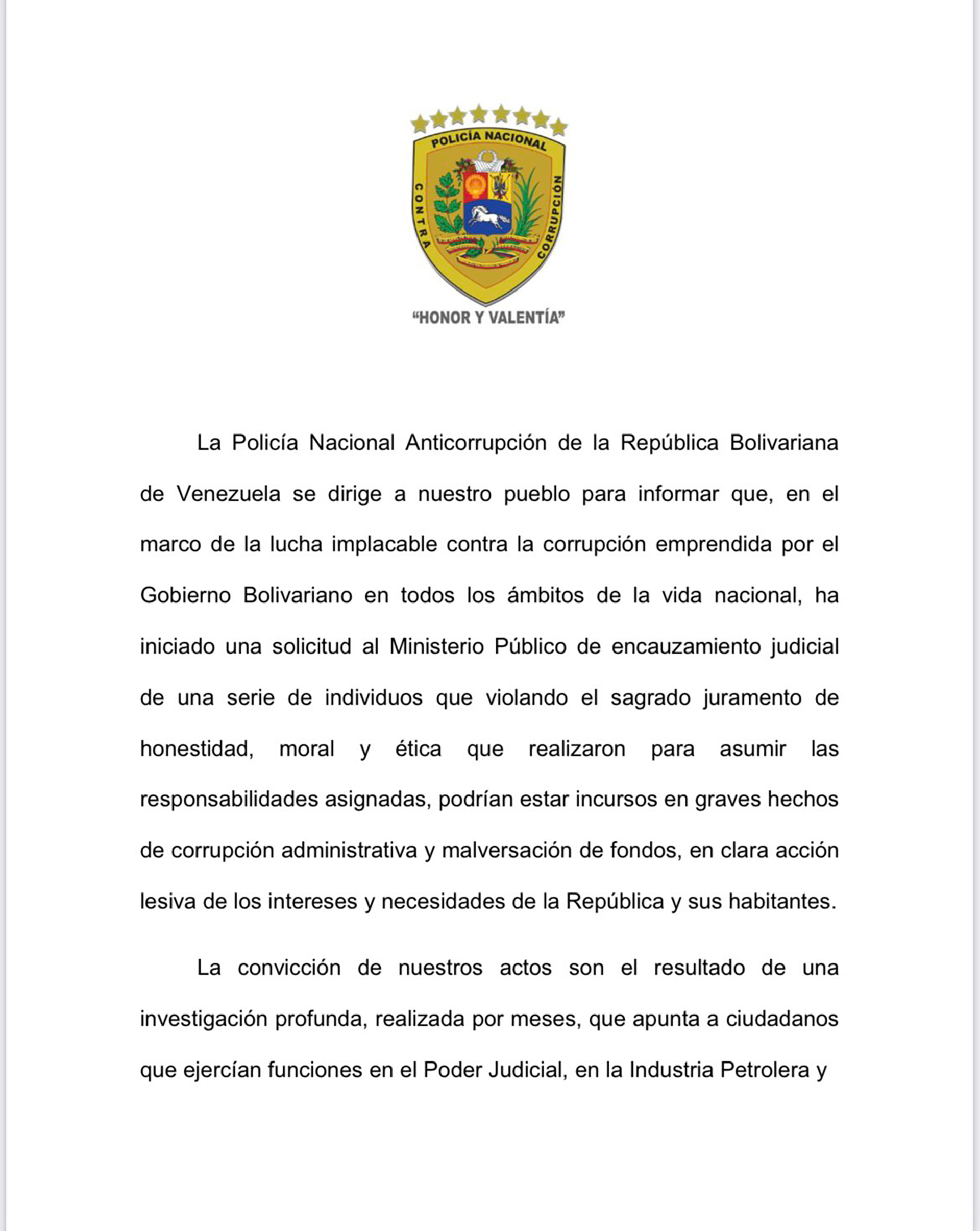 Comunicado de la Policía Nacional Anticorrupción de Venezuela