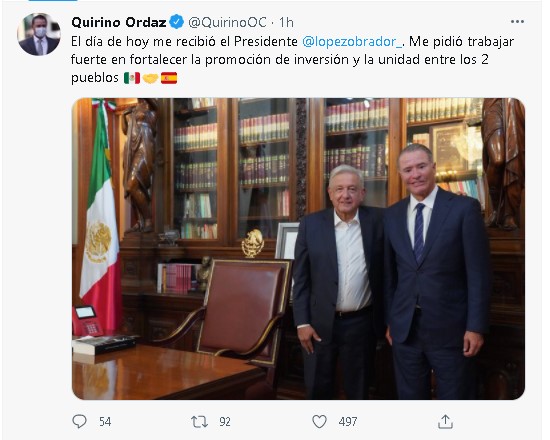 Quirino Ordaz, embajador de España en México, se reunió con AMLO (Foto: Twitter/ @QuirinoOC)