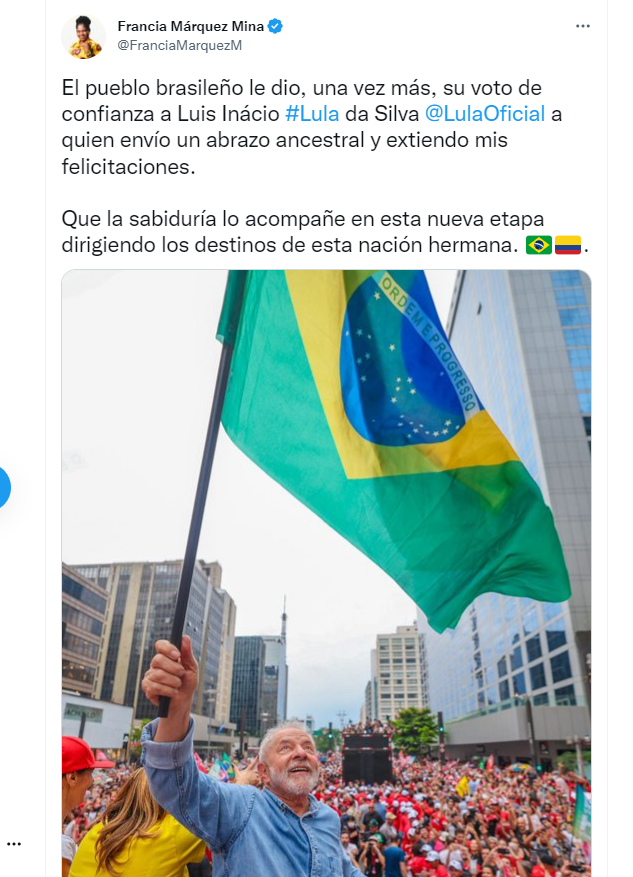 A través de Twitter, la vicepresidenta de Colombia Francia Márquez celebró el triunfo de Lula da Silva en la segunda vuelta presidencial de Brasil.
FOTO: vía Twitter (@FranciaMarquezM)