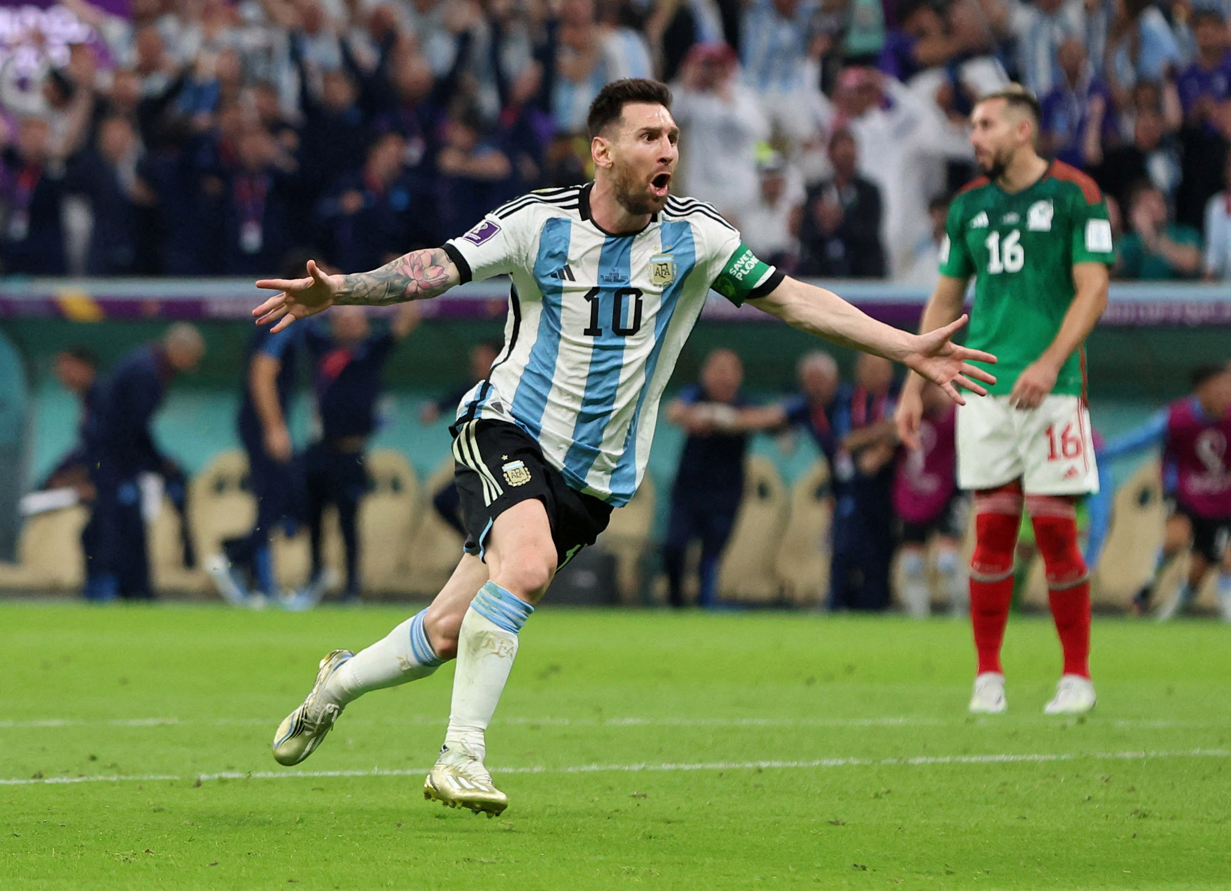 Soccer Football - FIFA World Cup Qatar 2022 - Group C - Argentina v Mexico - Lusail Stadium, Lusail, Qatar - November 26, 2022 Argentina's Lionel Messi celebrates scoring their first goal REUTERS/Pedro Nunes     TPX IMAGES OF THE DAY