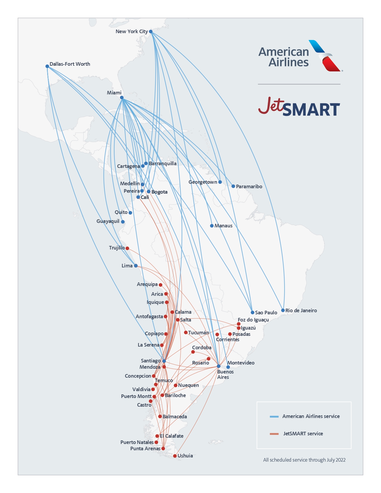 Mapa de las rutas de American Airlines y JetSmart que ahora estarán fusionadas