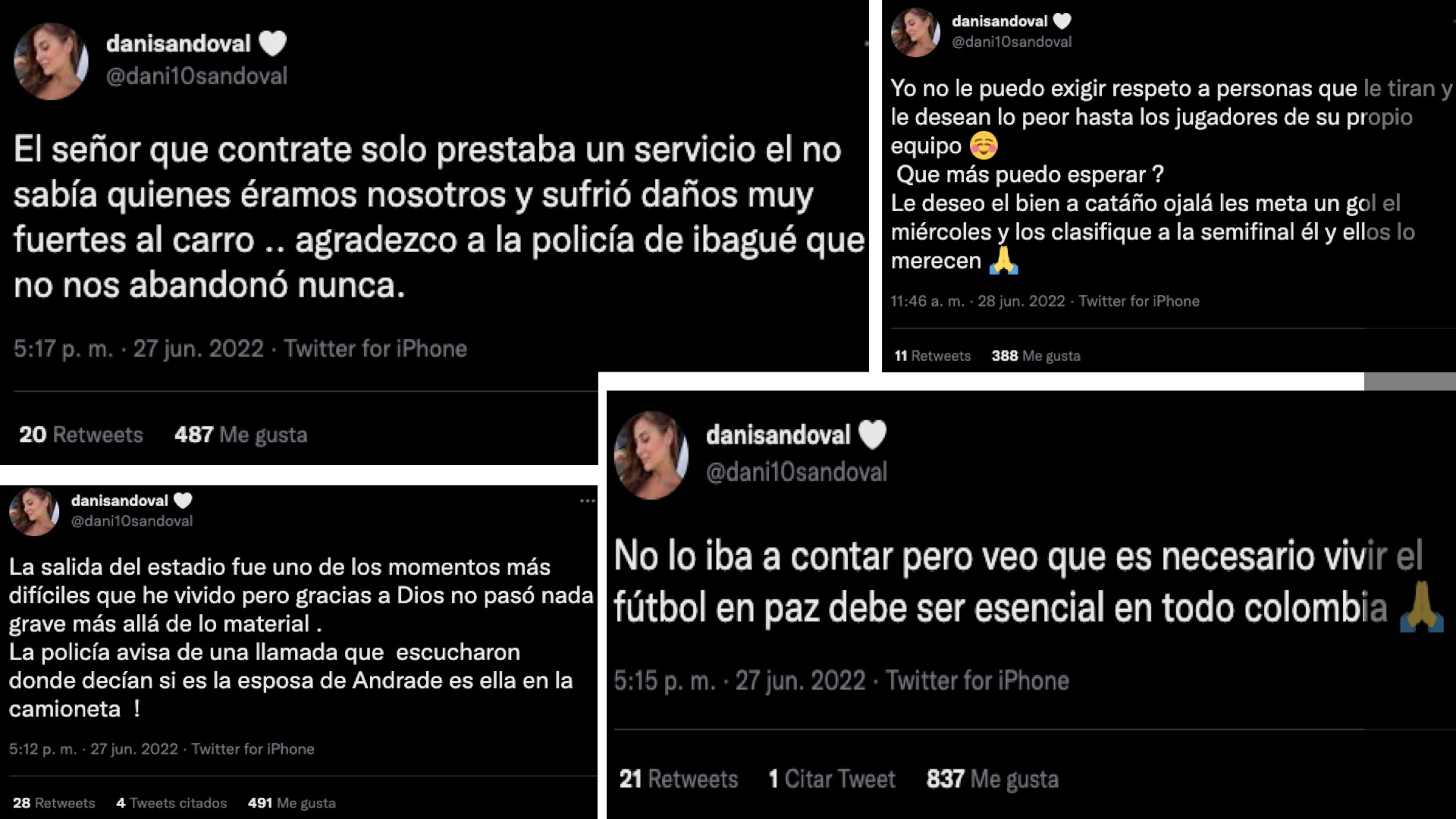 Tweets de Daniela Sandoval, esposa de Andrés Andrade, tras la inseguridad vivida en el estadio Manuel Murillo Toro / (Twitter: @dani10sandoval)
