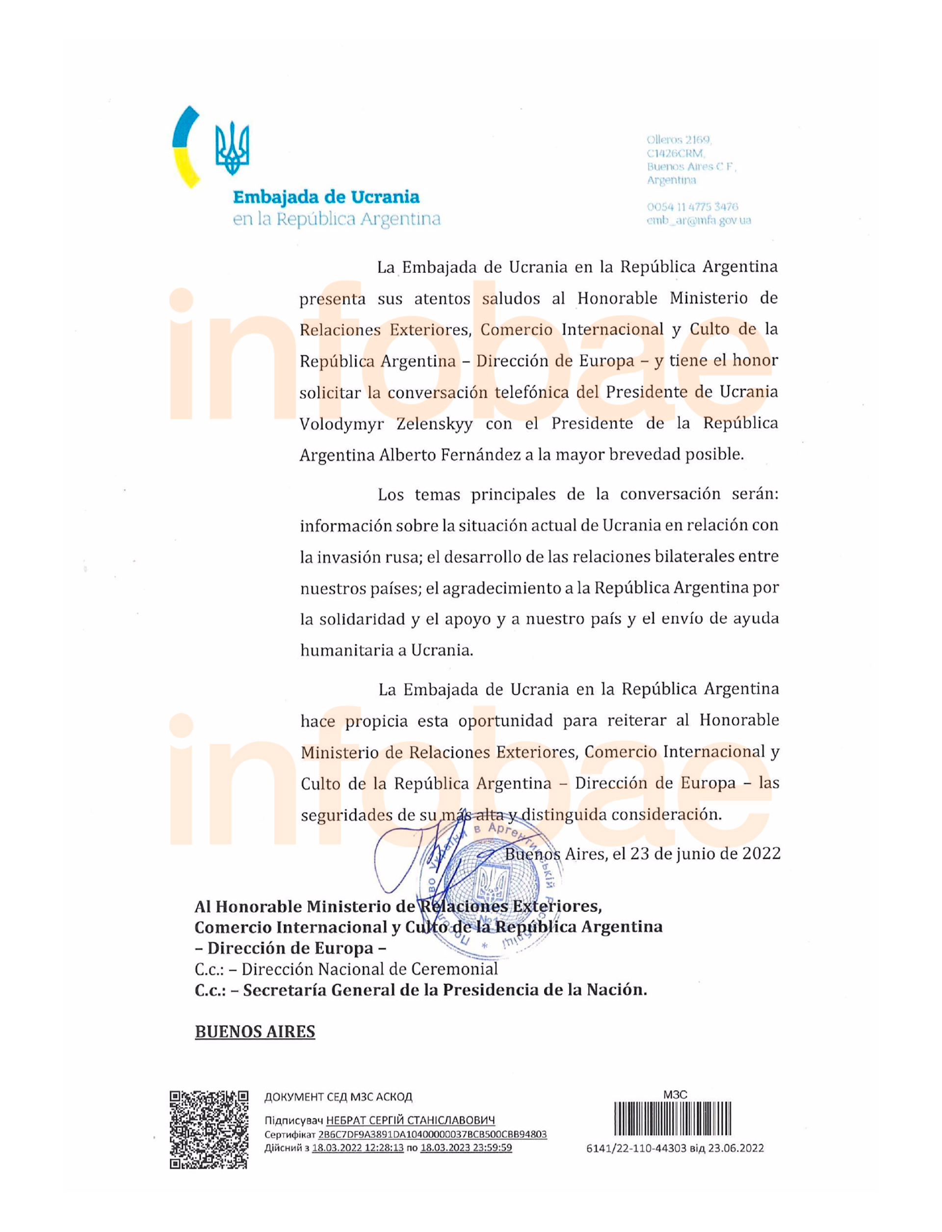 La carta enviada por la Embajada de Ucrania en Argentina