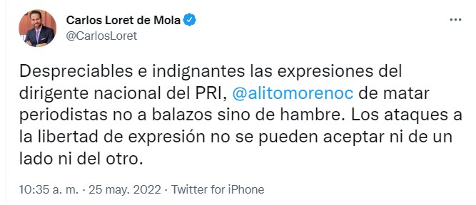 Loret de Mola se lanzó contra el líder del PRI (Foto: Twitter/@CarlosLoret)