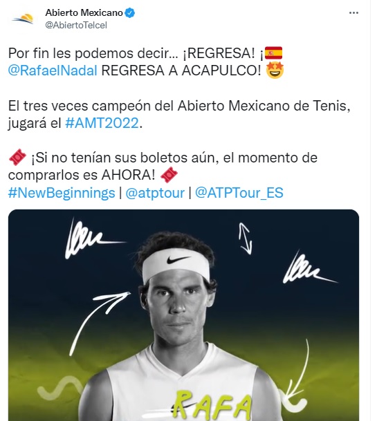 En redes sociales el AMT confirmó el regreso de Rafa Nadal (Foto: Twitter/@AbiertoTelcel)