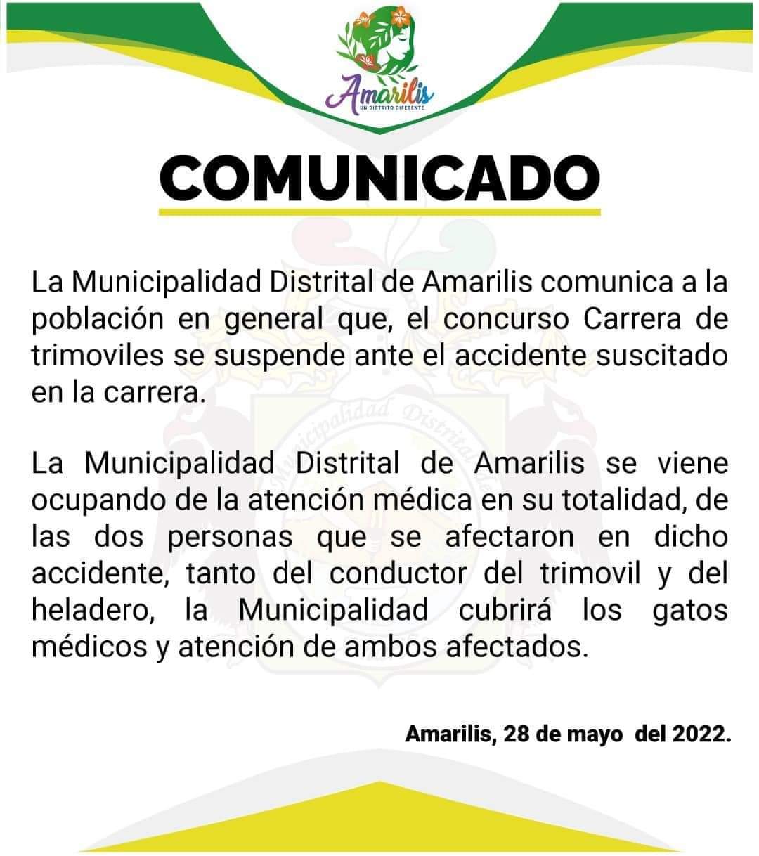 Comunicado de la municipalidad de Amarilis.