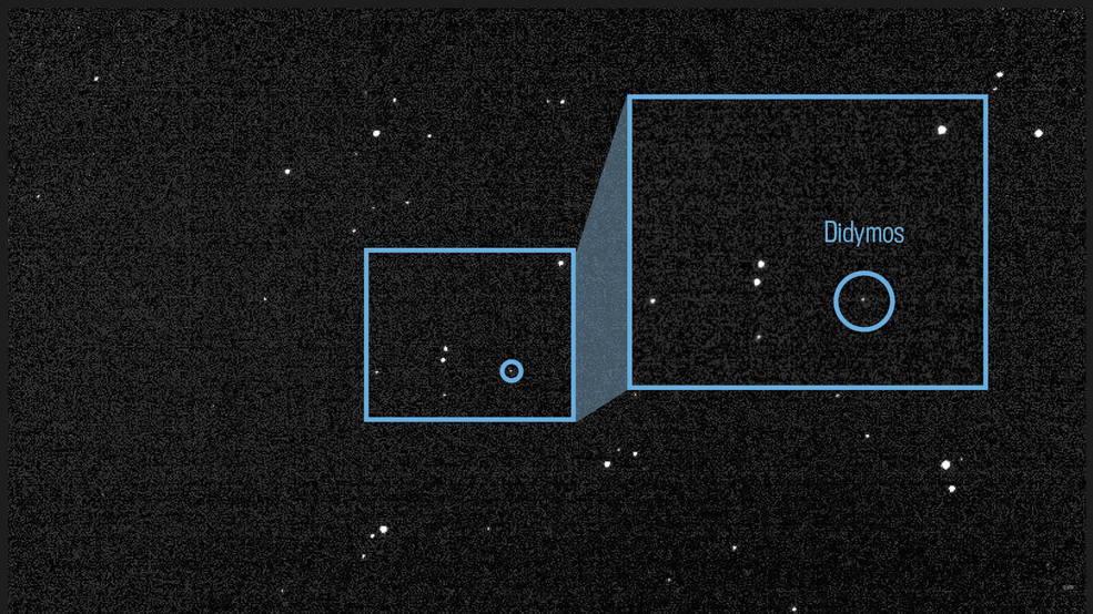 Dieses Lichtbild des Asteroiden Didymos und seines orbitalen Maulwurfs Dimorphos ist ein Komposit aus 243 Bildern, die am 27. Juli 2022 von der Reconnaissance and Asteroid Camera for Optical Navigation (DRACO) aufgenommen wurden.  (JPL DART Navigationsteam der NASA)
