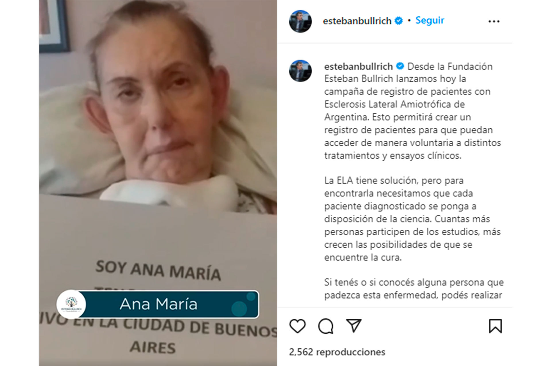 El exsenador Esteban Bullrich fue diagnosticado con ELA en abril de 2021, a través de su fundación busca promover la investigación y el desarrollo de nuevos tratamientos (instagram Esteban Bullrich)