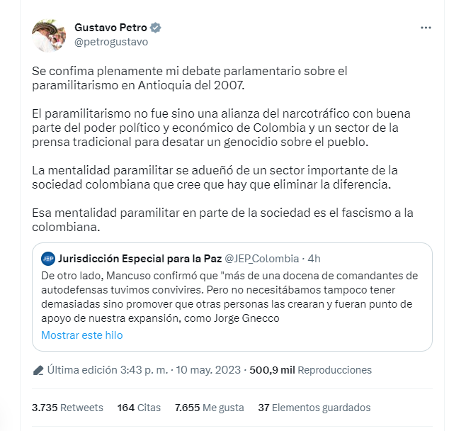 El presidente arremetió con un sector de la "prensa tradicional" y la acusó de ser aliada del paramilitarismo.
Twitter (@petrogustavo)