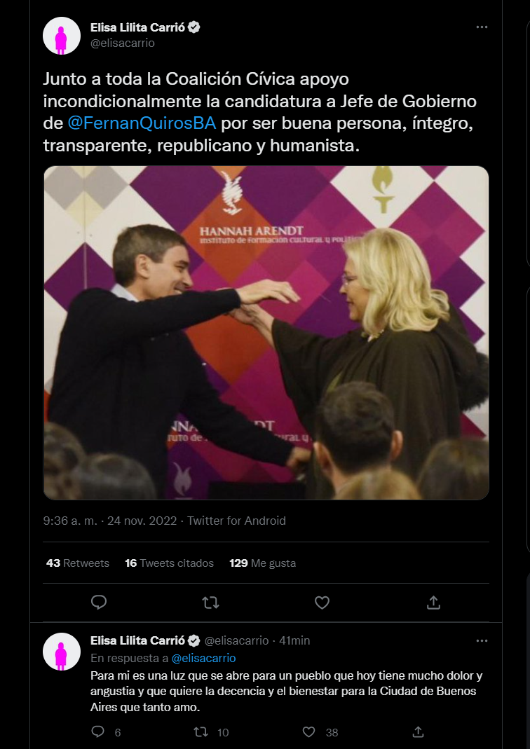 Elisa Carrió respaldó vía Twitter la candidatura de Fernán Quirós para suceder a Horacio Rodríguez Larreta como jefe de Gobierno porteño. 