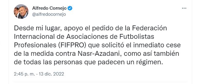 El senador nacional por Mendoza, Alfredo Cornejo (UCR) también manifestó su postura en redes sociales 