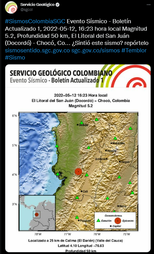 Este 12 de mayo, el Servicio Geológico Colombiano también reportó un sismo de 5.2 grados en el Litoral de San Juan (Chocó).
FOTO: vía Twitter (@sgcol)