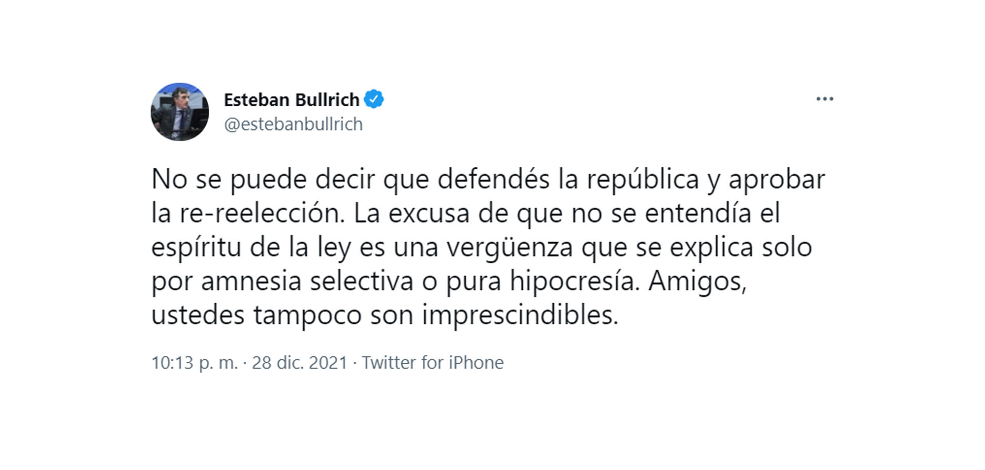 Esteban Bullrich, contra la aprobacion de las reelecciones indefinidas.